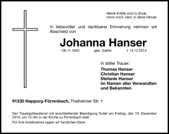 Traueranzeige von Johanna Hanser von Hersbrucker Zeitung