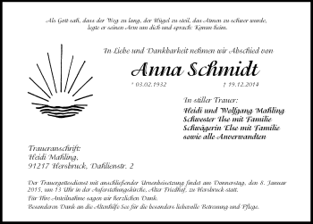 Traueranzeige von Anna Schmidt von Hersbrucker Zeitung