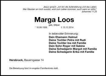 Traueranzeige von Marga Loos von Hersbrucker Zeitung