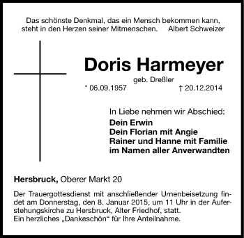 Traueranzeige von Doris Harmeyer von Hersbrucker Zeitung