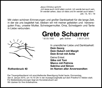 Traueranzeige von Grete Scharrer von Hersbrucker Zeitung
