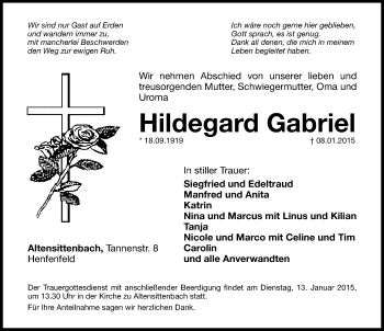 Traueranzeige von Hildegard Gabriel von Hersbrucker Zeitung