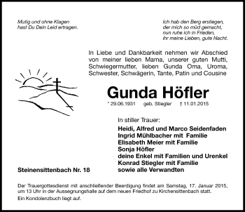 Traueranzeige von Gunda Höfler von Hersbrucker Zeitung