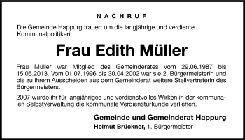 Traueranzeige von Edith Müller von Hersbrucker Zeitung