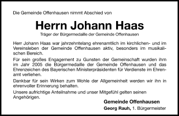Traueranzeige von Johann Haas von Hersbrucker Zeitung