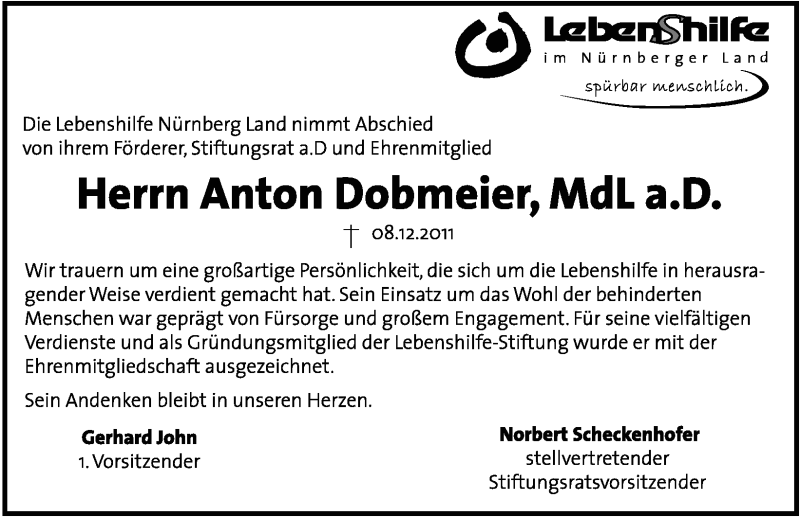  Traueranzeige für Anton Dobmeier vom 10.12.2011 aus Hersbrucker Zeitung