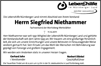 Traueranzeige von Siegfried Niethammer von Hersbrucker Zeitung