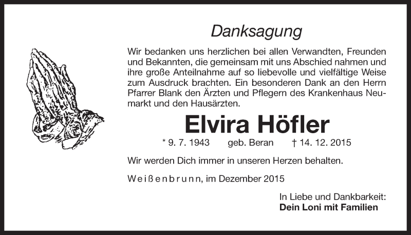  Traueranzeige für Elvira Höfler vom 24.12.2015 aus Der Bote