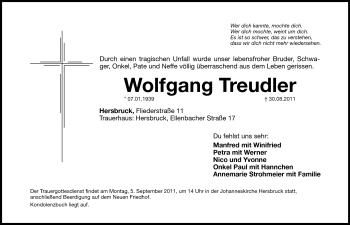 Traueranzeige von Wolfgang Treudler von Hersbrucker Zeitung