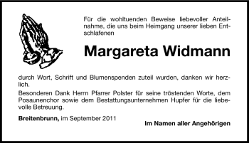 Traueranzeige von Margareta Widmann von Hersbrucker Zeitung