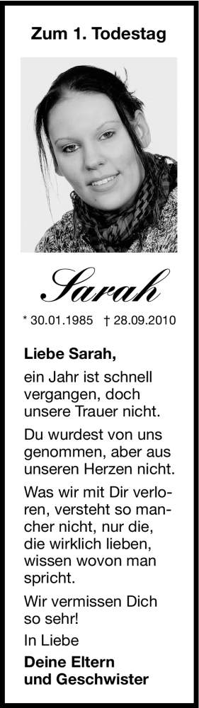 Traueranzeige von Sarah  von Hersbrucker Zeitung