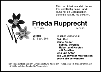 Traueranzeige von Frieda Rupprecht von Hersbrucker Zeitung