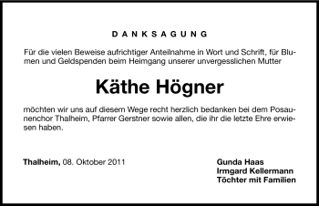 Traueranzeige von Käthe Högner von Hersbrucker Zeitung