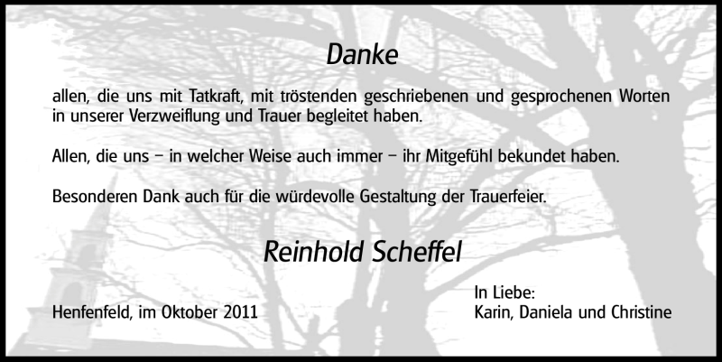 Traueranzeige für Reinhold Scheffel vom 08.10.2011 aus Hersbrucker Zeitung