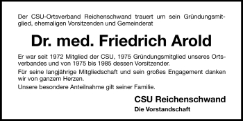 Traueranzeige von Friedrich Arold von Hersbrucker Zeitung