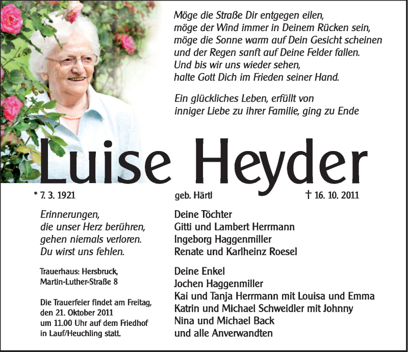  Traueranzeige für Luise Heyder vom 18.10.2011 aus Hersbrucker Zeitung
