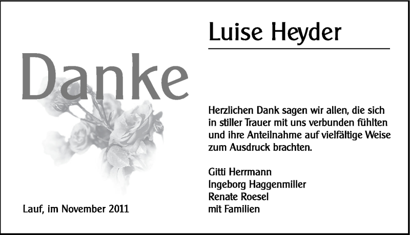  Traueranzeige für Luise Heyder vom 29.10.2011 aus Hersbrucker Zeitung