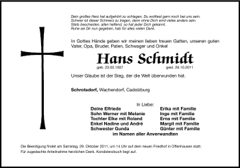 Traueranzeige von Hans Schmidt von Hersbrucker Zeitung