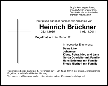 Traueranzeige von Heinrich Brückner von Hersbrucker Zeitung