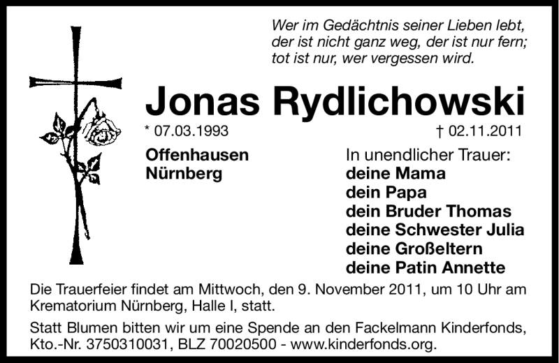  Traueranzeige für Jonas Rydlichowski vom 08.11.2011 aus Hersbrucker Zeitung