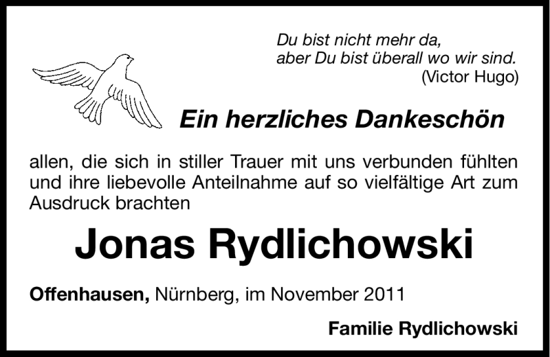  Traueranzeige für Jonas Rydlichowski vom 16.11.2011 aus Hersbrucker Zeitung