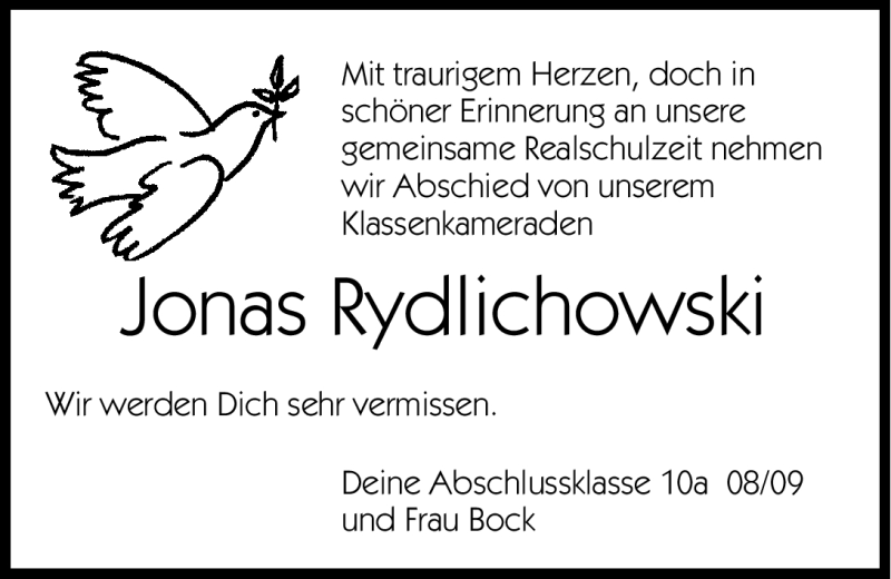  Traueranzeige für Jonas Rydlichowski vom 09.11.2011 aus Hersbrucker Zeitung