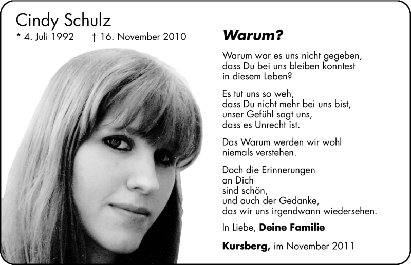  Traueranzeige für Cindy Schulz vom 16.11.2011 aus Hersbrucker Zeitung