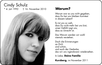 Traueranzeige von Cindy Schulz von Hersbrucker Zeitung
