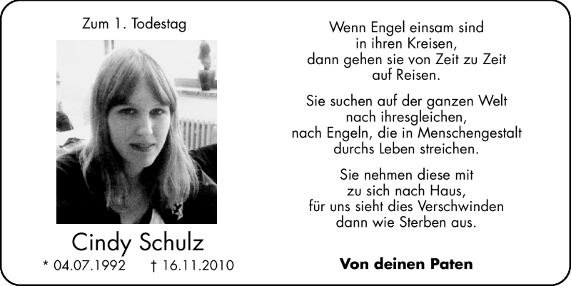  Traueranzeige für Cindy Schulz vom 16.11.2011 aus Hersbrucker Zeitung