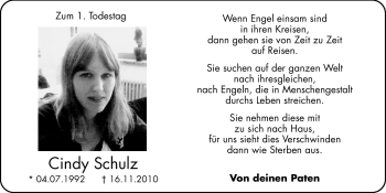 Traueranzeige von Cindy Schulz von Hersbrucker Zeitung