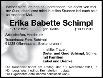 Traueranzeige von Babette Schimpl von Hersbrucker Zeitung