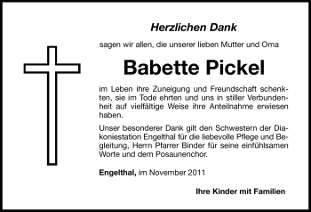Traueranzeige von Babette Pickel von Hersbrucker Zeitung