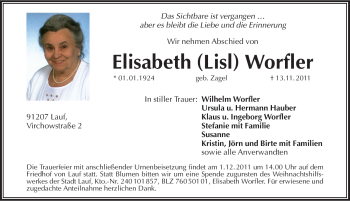 Traueranzeige von Elisabeth Worfler von Hersbrucker Zeitung