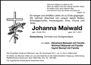Traueranzeige von Johanna Maiwald von Hersbrucker Zeitung
