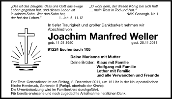 Traueranzeige von Joachim Manfred Weller von Hersbrucker Zeitung