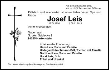 Traueranzeige von Josef Leis von Hersbrucker Zeitung