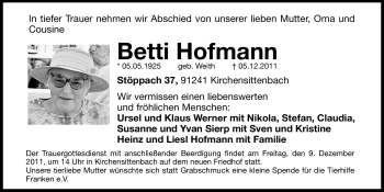 Traueranzeige von Betti Hofmann von Hersbrucker Zeitung