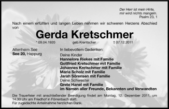 Traueranzeige von Gerda Kretschmer von Hersbrucker Zeitung