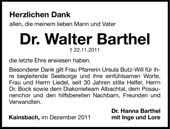 Traueranzeige von Walter Barthel von Hersbrucker Zeitung
