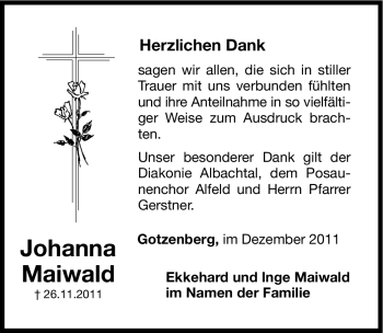 Traueranzeige von Johanna Maiwald von Hersbrucker Zeitung