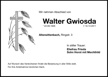 Traueranzeige von Walter Gwiosda von Hersbrucker Zeitung