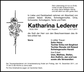 Traueranzeige von Katharina Lederer von Hersbrucker Zeitung