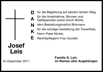 Traueranzeige von Josef Leis von Hersbrucker Zeitung