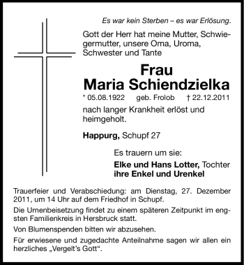 Traueranzeige von Maria Schiendzielka von Hersbrucker Zeitung