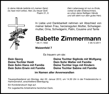 Traueranzeige von Babette Zimmermann von Hersbrucker Zeitung