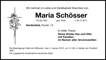 Traueranzeige von Maria Schösser von Hersbrucker Zeitung
