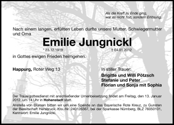 Traueranzeige von Emilie Jungnickl von Hersbrucker Zeitung