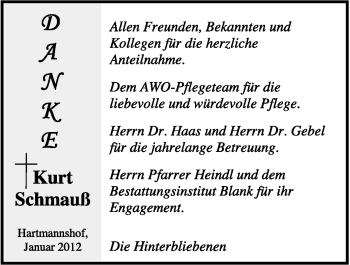 Traueranzeige von Kurt Schmauß von Hersbrucker Zeitung