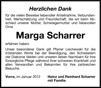 Traueranzeige von Marga Scharrer von Hersbrucker Zeitung