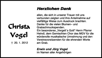 Traueranzeige von Christa Vogel von Hersbrucker Zeitung